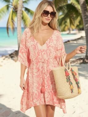 Maaji Spirit Animal Bluebell Kaftan Swim Coverup Orange Coral L NWT